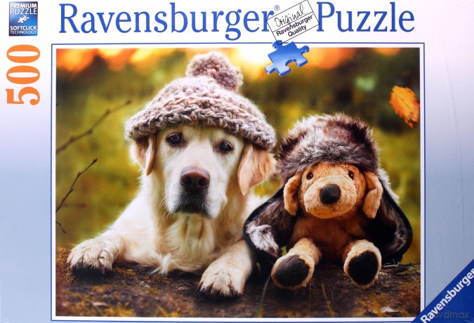 RAVENSBURGER 500 el. Pies i pluszak w czapkach [PUZZLE]