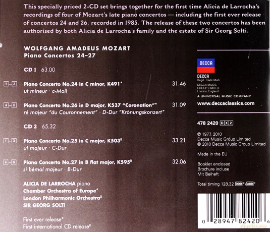 Larrocha De Alicia: Mozart Piano Concertos 24-27 [2CD]