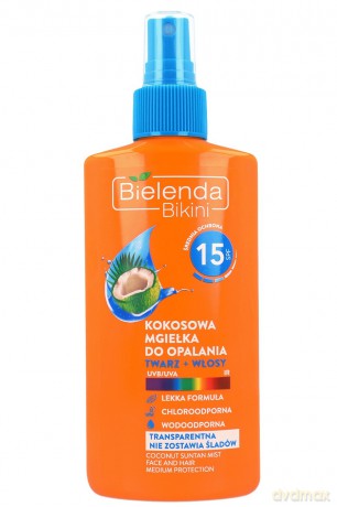 Bielenda Bikini Mgiełka kokosowa do opalania na twarz i włosy SPF 15 150 ml