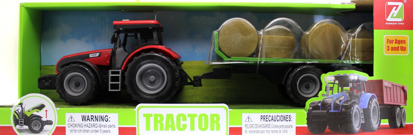 Traktor z przyczepą z belami, dźwiękami i światłem