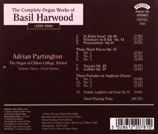 Adrian Partington: Complete Organ Works Of Basil Harwood - Vol 3 - The Organ Of Clifton College. Bristol [CD]