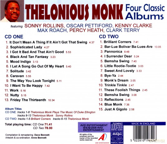 Thelonious Monk: Four Classic Albums (Thelonious Monk Plays The Music Of Duke Ellington / Thelonious Monk & Sonny Rollins / Brilliant Corners / Thelonious Monk) [2CD]