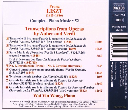 Wai Yin Wong: Franz Liszt: Complete Piano Music Vol. 52 - Transcriptions From Operas By Auber And Verdi [CD]