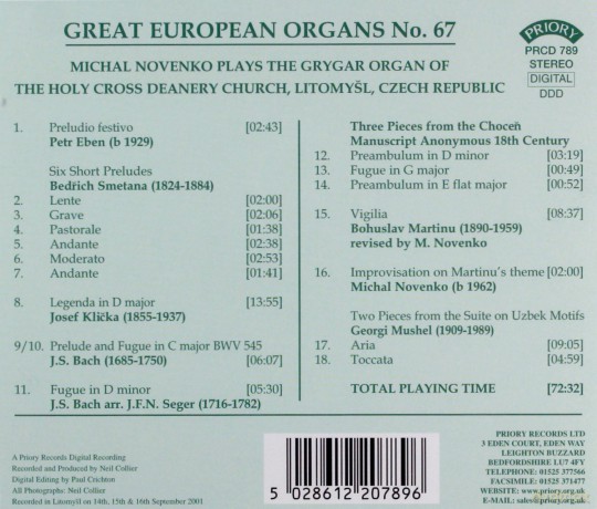 Michal Novenko: Great European Organs No.67: Deanery Church. Litomysl. Czech Rep. [CD]