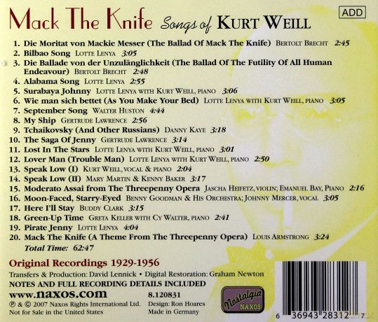 Mack The Knife Songs Of Kurt Weill [CD]