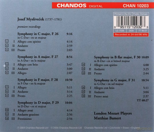 London Mozart Playersbamert: Josef Mysliveceksymphonies [CD]