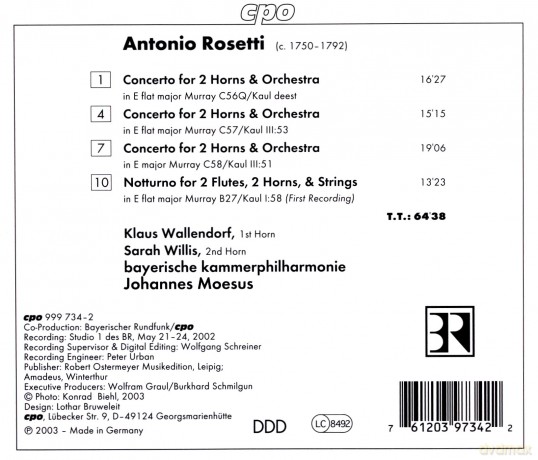 Williswallendorfmoesus: Rosetticoncertos For Two Horns [CD]