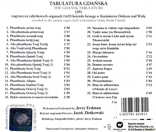 Jerzy Erdman: Tabulatura Gdańska Z 1591 Roku [CD]