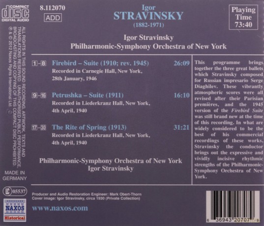 New York Psostravinsky: Stravinskythe Rite Of Springfirebird [CD]