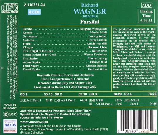 Windgassen Mödl Knappertsbusch: Wagner Parsifal [4CD]