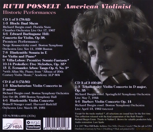 Ruth Poselt: Concertos by Tchaikovsky, Hindemith, Hill, Khachaturian, Barber [3CD]