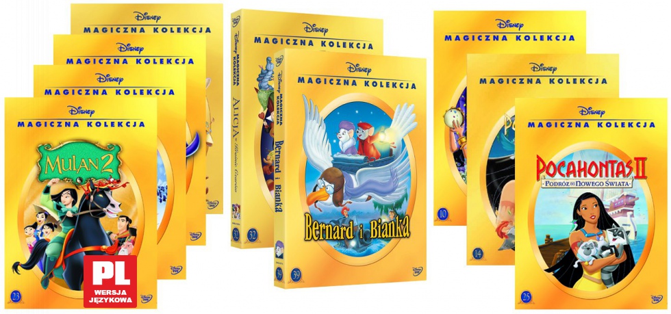 Magiczna Kolekcja Disney dla dziewczynek: Aladyn / Aryskotraci /  Dzwonnik z Notre Dame 1 i 2 / Pocahontas / Pocahontas 2. Podróż do Nowego Świata /  Bernard i Bianka /  Mulan 1 i 2 Pakiet [9DVD]