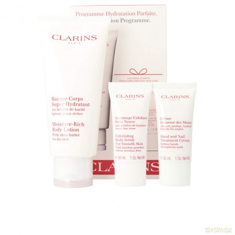 Clarins Set (Moisture Rich Body Lotion+Exfoliating Body Scrub 30 ml+Hand&Nail Treatment Cream30 ml)