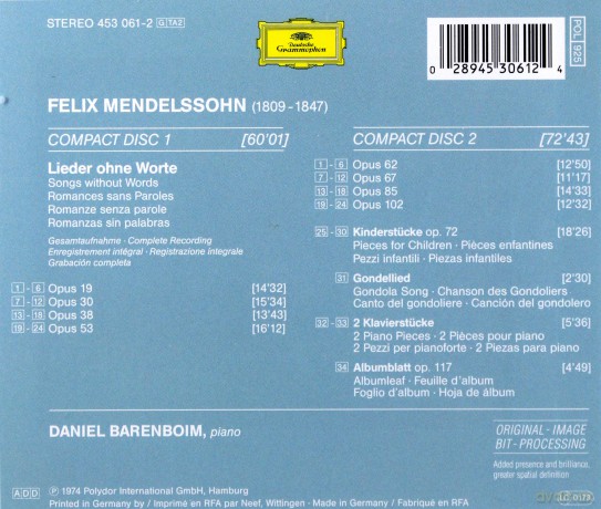Daniel Barenboim: Mendelssohn/Songs Without Words [2CD]