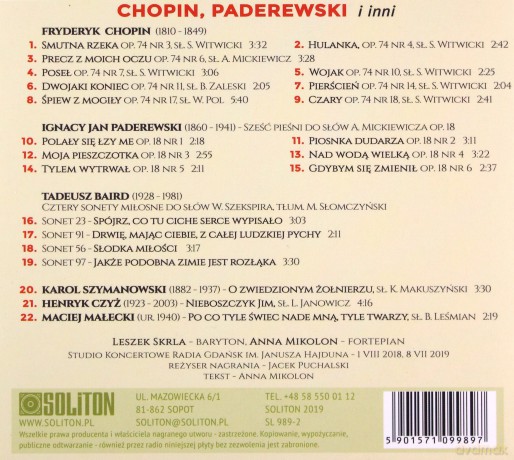 Polska Liryka Wokalna - Chopin, Padereweki, Baird, Szymanowski, Czyż, Małecki [CD]