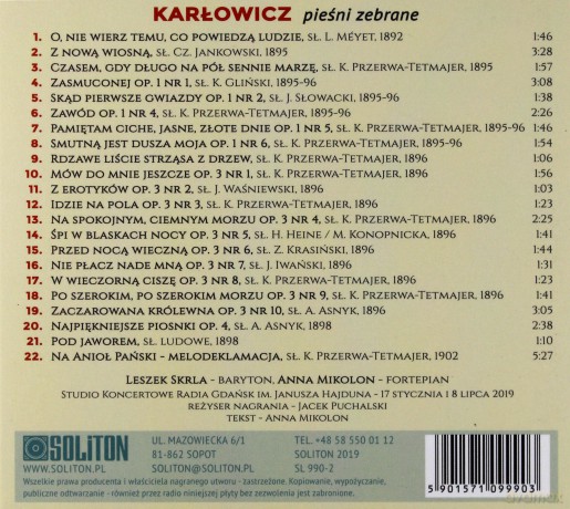 Polska Liryka Wokalna - Mieczysław Karłowicz - Pieśni Zebrane [CD]