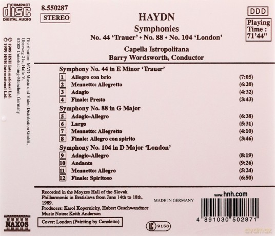 Barry Wordsworth: Haydn Symphonies no.44 'Trauer'-No 88-No 104 'London' [CD]
