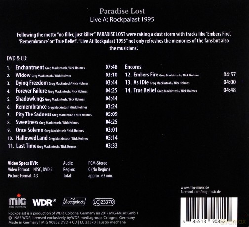 Paradise Lost: Live At Rockpalast 1995 (digipack) [CD]+[DVD]