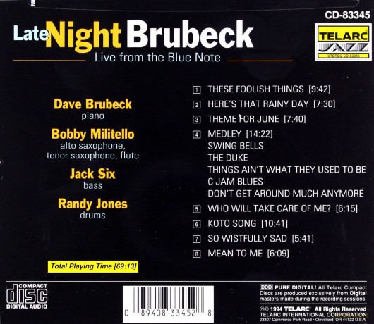 Dave Brubeck Quartet: Late Night Brubeck Live From Blue Note [CD]