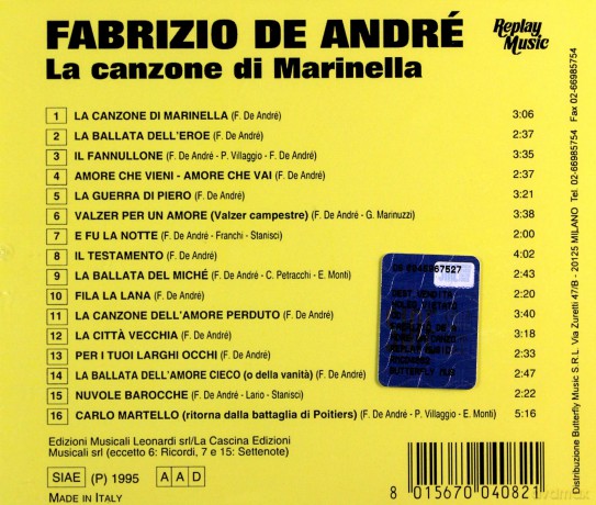 Fabrizio De Andre: La Canzone Di Marinella [CD]